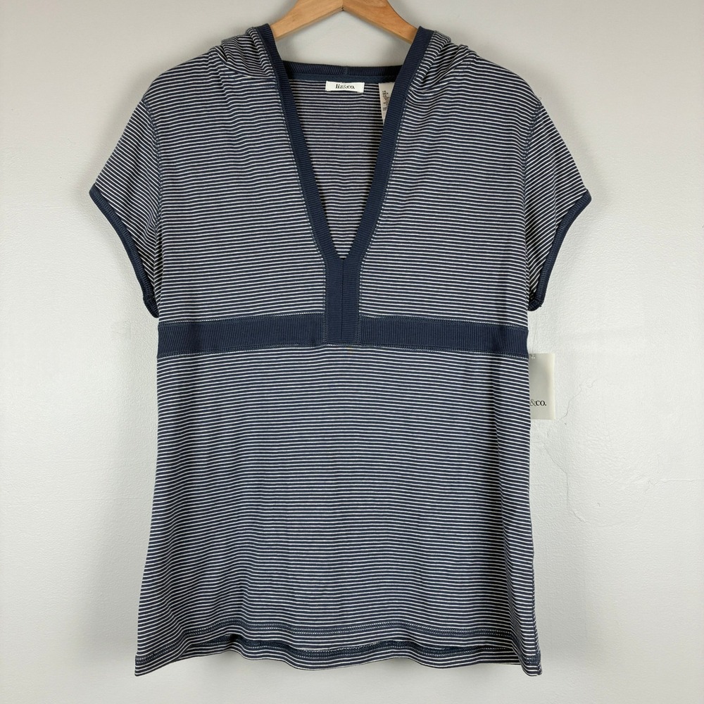NWT Liz & Co‎ Womens XL Navy White Hooded V Neck Cotton Top Coastal Casual